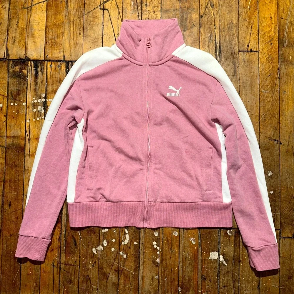 Puma Track Jacket Womens Medium Pink White Embroidered Logo Long Sleeve Full Zip
